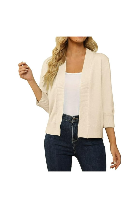 Women's Lightweight Lace Crochet Cardigan Three Quarter Sleeve Knit Shawl Top Cropped Jacket Beige L
