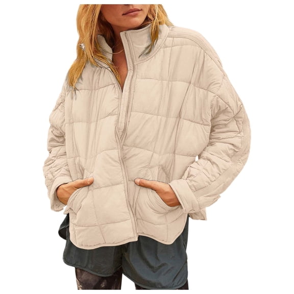 UJNDER Women's Lightweight Oversized Long Sleeve Packable Jacket Warm Short Winter Jackets for Women Beige S