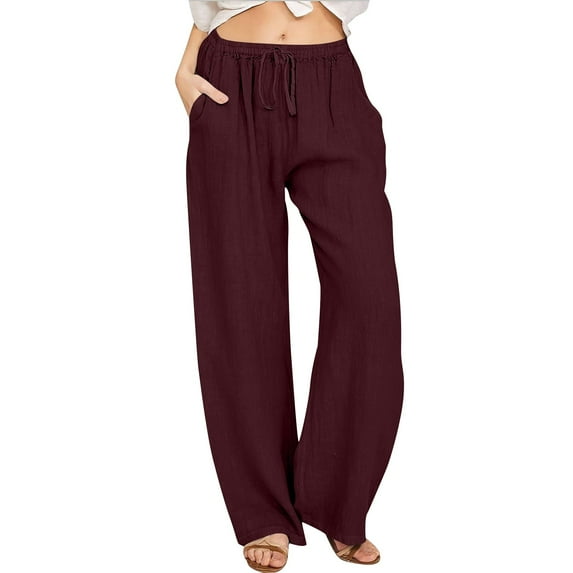 UJNDER Women's Linen Pants Elastic High Waist Drawstring Wide Leg Palazzo Yoga Trousers Wine M