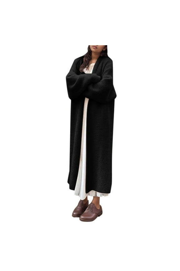 Women's Long Knit Cardigan Belted for Cozy Autumn Winter Sweater Casual Layering and European Style Black L