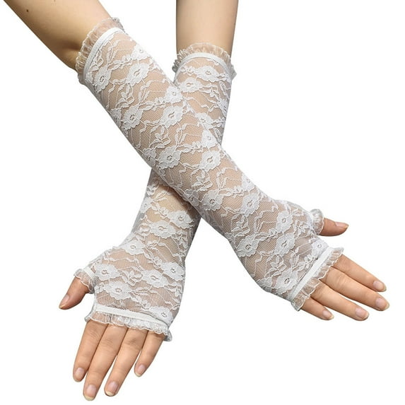 UJNDER Women's Long Lace Fingerless Gloves Elbow Length Floral Accessories for Bridal Wedding Opera Tea Party White