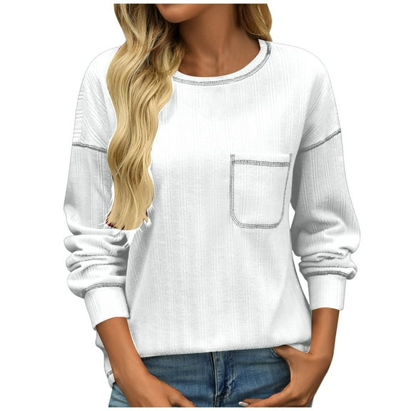 UJNDER Women's Long Sleeve Casual Solid Round Neck Knitted Loose Pullover Tops for Women Shirt Comfortable White M