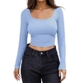 thumbnail image 1 of UJNDER Women's Long Sleeve Crop Tops Square Neck Solid Color Pullover for Casual Streetwear and Everyday Comfort Blue Blue, 1 of 5