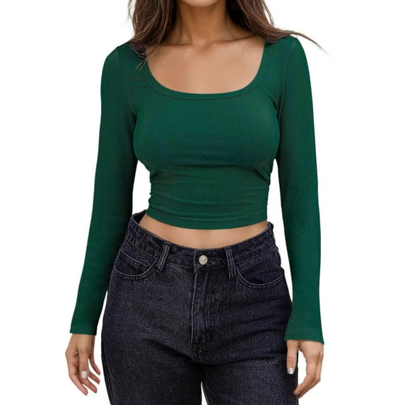 UJNDER Women's Long Sleeve Crop Tops Square Neck Solid Color Pullover for Casual Streetwear and Everyday Comfort Green Green