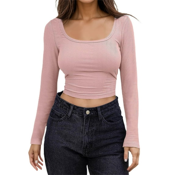 UJNDER Women's Long Sleeve Crop Tops Square Neck Solid Color Pullover for Casual Streetwear and Everyday Comfort Pink Pink