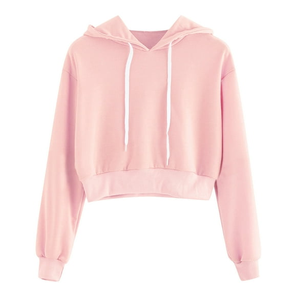 UJNDER Women's Long Sleeve Drawstring Crop Sweatshirt Crop Top Hoodie Pullover Tops for Women Blouse for Athletic Style Pink XS