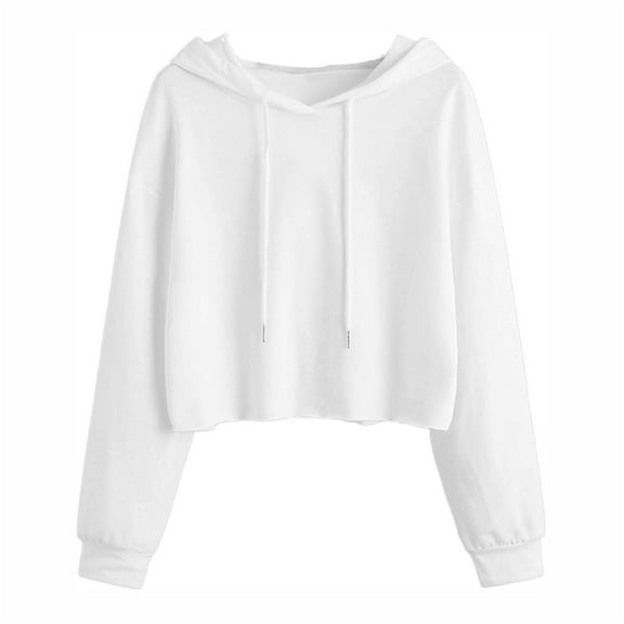 UJNDER Women's Long Sleeve Drawstring Crop Sweatshirt Crop Top Hoodie Pullover Tops for Women Comfortable Casual White L