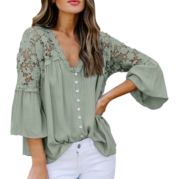 UJNDER Women's Long Sleeve Lace Trim Tunic Tops Button Down Casual Blouse Cute V Neck Shirt Tops for Women Feminine Detail Green L
