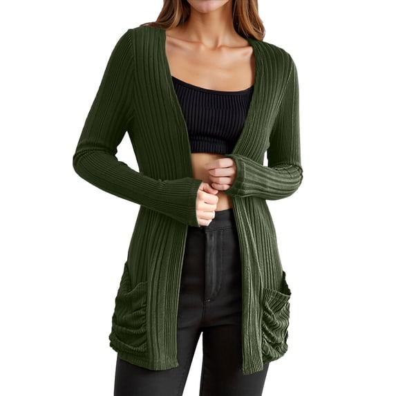 UJNDER Women's Long Sleeve Solid Color Knit Cardigan Mid Length Open Front Sweater Coat with Pockets for Fall Winter Casual Outfits Green XXL