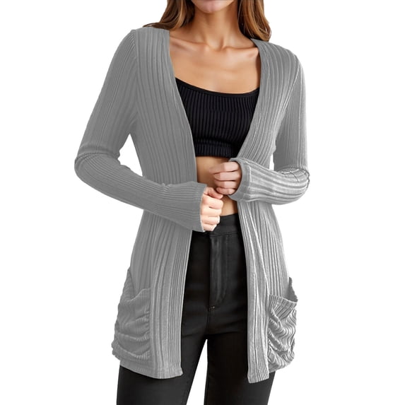 UJNDER Women's Long Sleeve Solid Color Knit Cardigan Mid Length Open Front Sweater Coat with Pockets for Fall Winter Casual Outfits Light Gray L