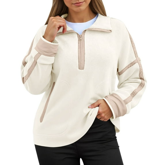 UJNDER Women's Long Sleeve Stand Neck Sweatshirt for Women Casual Color Block Athletic Streetwear Beige S