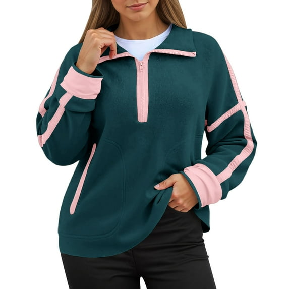 UJNDER Women's Long Sleeve Stand Neck Sweatshirt for Women Casual Color Block Athletic Streetwear Green S