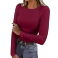 thumbnail image 1 of UJNDER Women's Long Sleeve Stretch Crewneck Ribbed T Shirt Fitted Casual Basic Tops for Women Wardrobe Wine S, 1 of 4