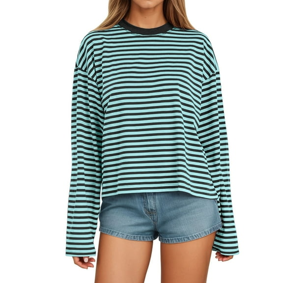 UJNDER Women's Long Sleeve Striped T Shirt with Color Design Loose Fit Round Neck for Comfortable Everyday Wear Dark Blue Blue