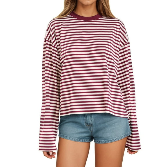 UJNDER Women's Long Sleeve Striped T Shirt with Color Design Loose Fit Round Neck for Comfortable Everyday Wear Red Red