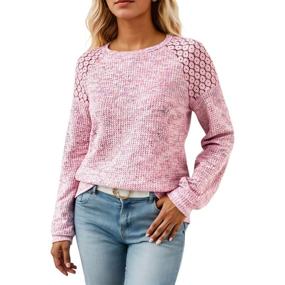 UJNDER Women's Long Sleeve Tops Casual Knit Lace Loose Tee for Autumn and Winter Fashion Comfortable Shirts Pink Pink