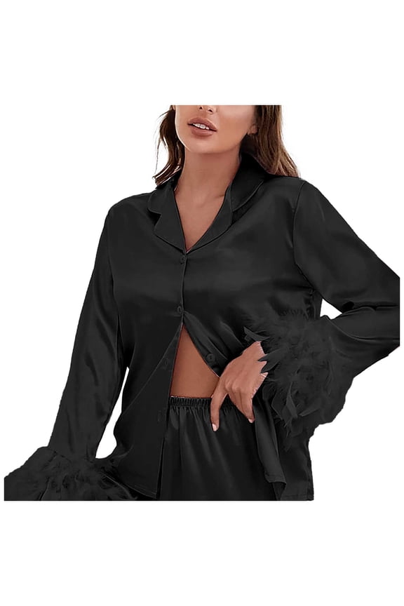 Women's Long Sleeve Tops Pajamas Sets Feather Two Piece Sleepwear Pants Women Suits Sets for Women Black XXL