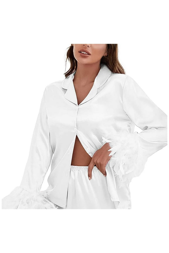 Women's Long Sleeve Tops Pajamas Sets Feather Two Piece Sleepwear Pants Women Suits Sets for Women White S