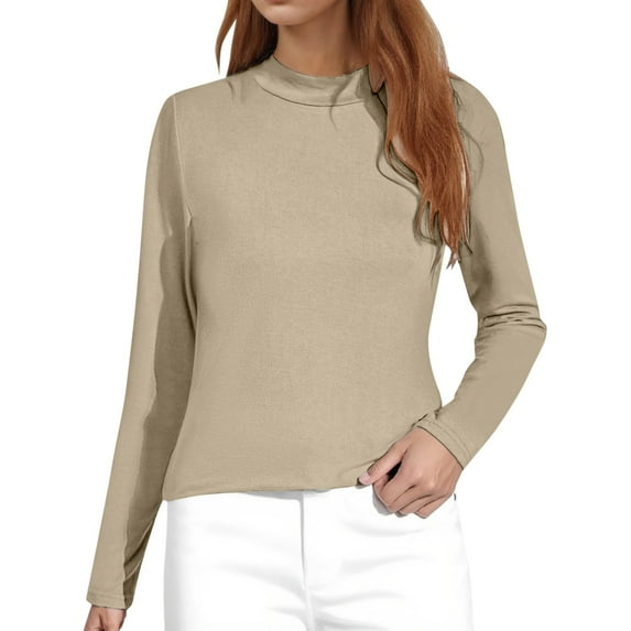 UJNDER Women's Long Sleeve Turtleneck Shirt Casual Comfortable Elastic Fit Tops for Women for Daily Wear Khaki L