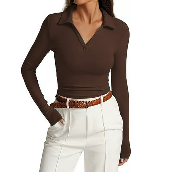 UJNDER Women's Long Sleeve V Neck Slim Fit Tops for Women Casual Basic Pleated Top T Shirt Comfortable Brown S