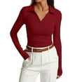 thumbnail image 1 of UJNDER Women's Long Sleeve V Neck Slim Fit Tops for Women Casual Basic Pleated Top T Shirt Comfortable Red L, 1 of 6