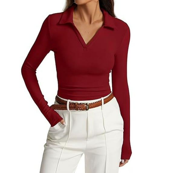 UJNDER Women's Long Sleeve V Neck Slim Fit Tops for Women Casual Basic Pleated Top T Shirt Comfortable Red XL