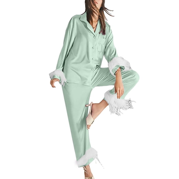 UJNDER Women's Long Tops Two Piece Pajamas Sets Feather Sleeve Sleepwear Pants Women Suits Sets for Women GN1 L