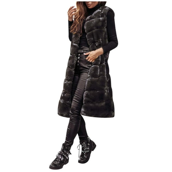 UJNDER Women's Long Vest Autumn and Winter Solid Color Sleeveless Wool Jacket Cardigan Coat Open Front Coats for Women Grey XL