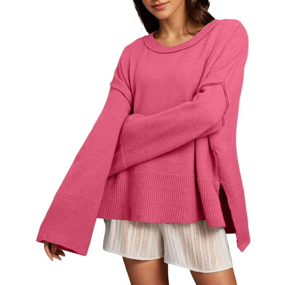 UJNDER Women's Loose Solid Color Crew Neck Flared Pullover Sweater Cozy Sweaters for Women Red L