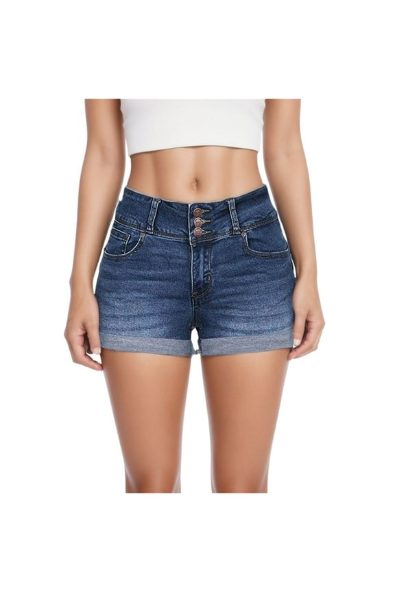 Women's Low Rise Denim Shorts Solid Washed Finish Casual Mini Length Hot Pants Blue XXL