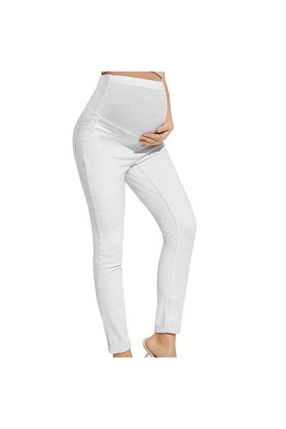 Women's Maternity Jeans Full Panel Pull On Stretch Skinny Denim with Distressed Details White L