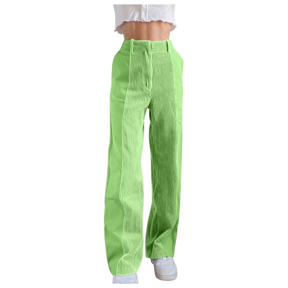 UJNDER Women's Medium Waist Solid Color Pocket Pleated Scratch Corduroy Loose Color Contrast Casual Straight Pants for Unique Style Green XL
