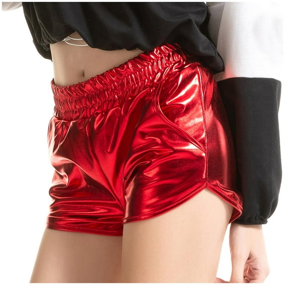 UJNDER Women's Metallic Shiny Shorts Yoga Pants Sparkly Hot Drawstring Elastic Waist Rave Dance Red L