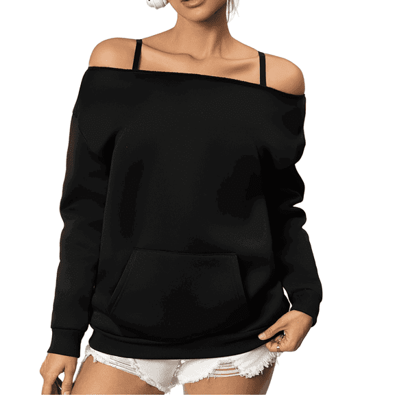 UJNDER Women's Off Shoulder Crewneck Pullover Sweater Long Sleeve Basic Casual Streetwear Lightweight Black S