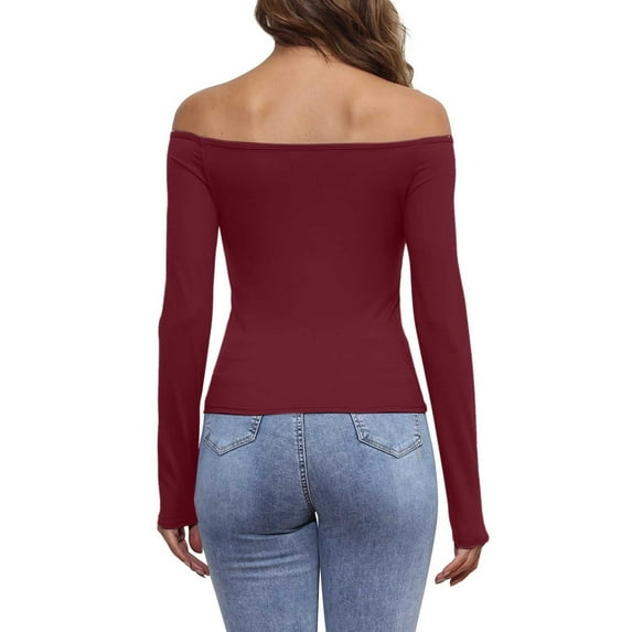 UJNDER Women's Off The Shoulder Long Sleeve Basic Warm Top for Going Out Cute Fall Fashion and Comfort Wine L