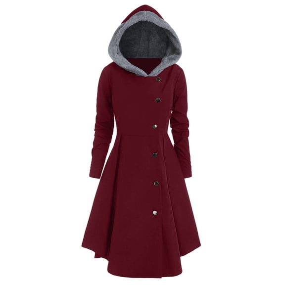 UJNDER Women's Plus Size Asymmetric Hooded Long Drap Buttons Coat Jackets for Women Wine XL