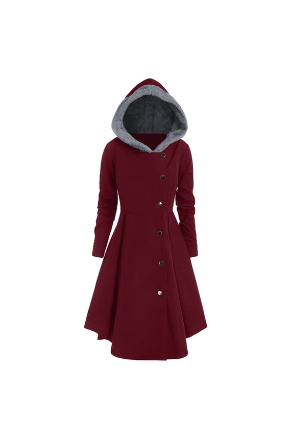 Women's Plus Size Asymmetric Hooded Long Drap Buttons Coat Jackets for Women Wine XL