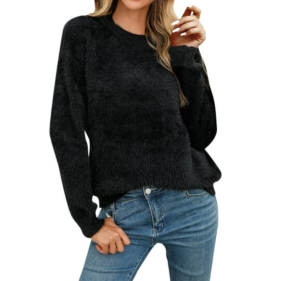 UJNDER Women's Pullover Solid Color Long Sleeve Large Round Neck Sweater Winter Top Black S