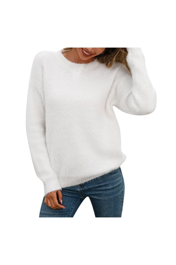 Women's Pullover Solid Color Long Sleeve Large Round Neck Sweater Winter Top White L