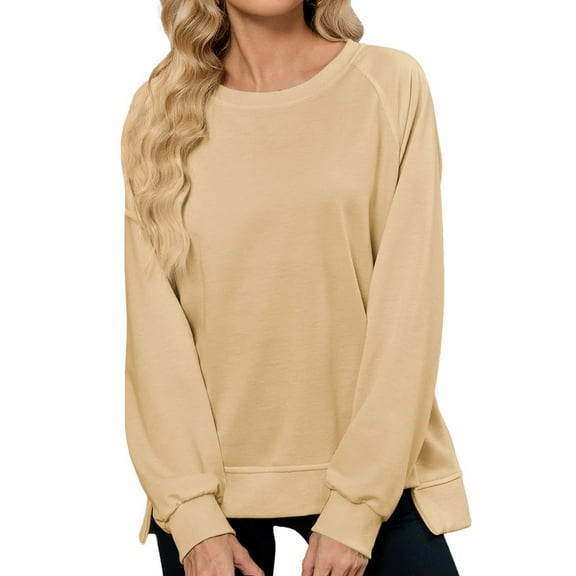 UJNDER Women's Ribbed Crewneck Sweatshirt Long Sleeve Hoodless Casual for All Seasons Beige M