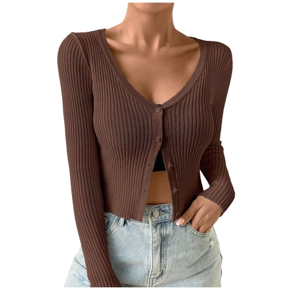 UJNDER Women's Ribbed Knit Button Down V Neck Lightweight Cropped Cardigan Coat Tops Cropped Jacket Coffee XXL