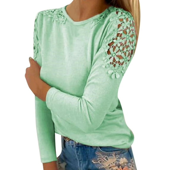 UJNDER Women's Round Neck Solid Color Hollow Stitching Long Sleeve T Shirt Tops for Women Delicate Design Green S