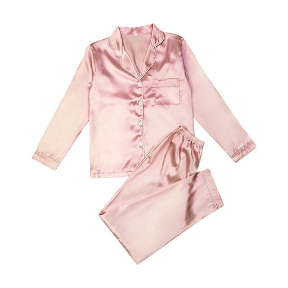 UJNDER Women's Satin Home Suit Cardigan Lapel Imitation Silk Long Sleeve Pajamas for Women Pink M