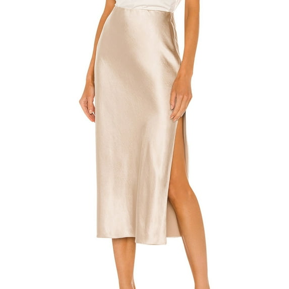 UJNDER Women's Satin Skirt Elastic High Waisted Solid Color Slit Midi Comfortable Fall Skirts for Women Beige L