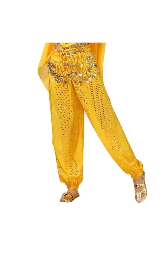 Women's Sequin Belly Dance Pants with Waist Chain for Performance and Wear Yellow M