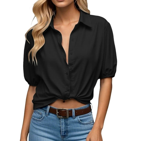 UJNDER Women's Short Puff Sleeve Tops V Neck Collared Button Down Shirt Dressy Casual Blouses for Women Elegant Black M