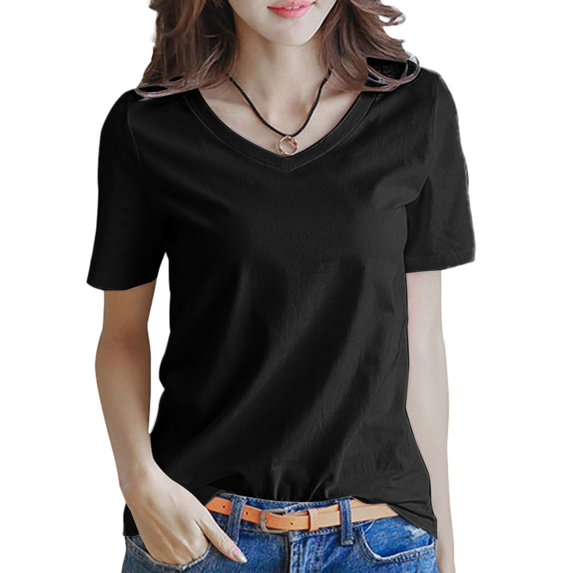 UJNDER Women's Short Sleeve V Neck Solid Color Warm Top for Casual Everyday Comfort and Lightweight Wear Black XXL