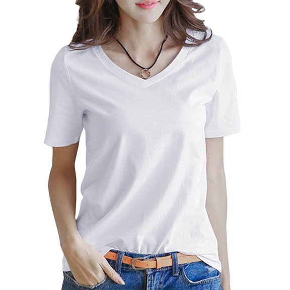 UJNDER Women's Short Sleeve V Neck Solid Color Warm Top for Casual Everyday Comfort and Lightweight Wear White L