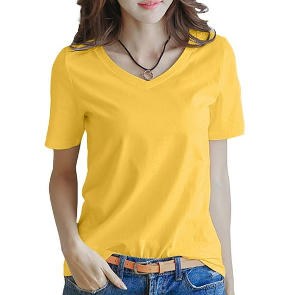 UJNDER Women's Short Sleeve V Neck Solid Color Warm Top for Casual Everyday Comfort and Lightweight Wear Yellow L