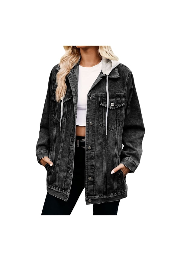 Women's Slim Retro Classic Loose Denim Casual Jacket for Women with Versatile Design Dark Gray L